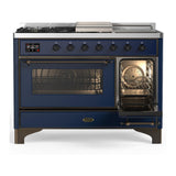 ILVE UM48FSNR3MBB Majestic III 48 inch Dual Fuel Range with 5 Black Brass Burners, Griddle and French Top, Dual Function Burner up to 25,000 BTU (Natural Gas, Triple Glass Door, Midnight Blue, Burnished)