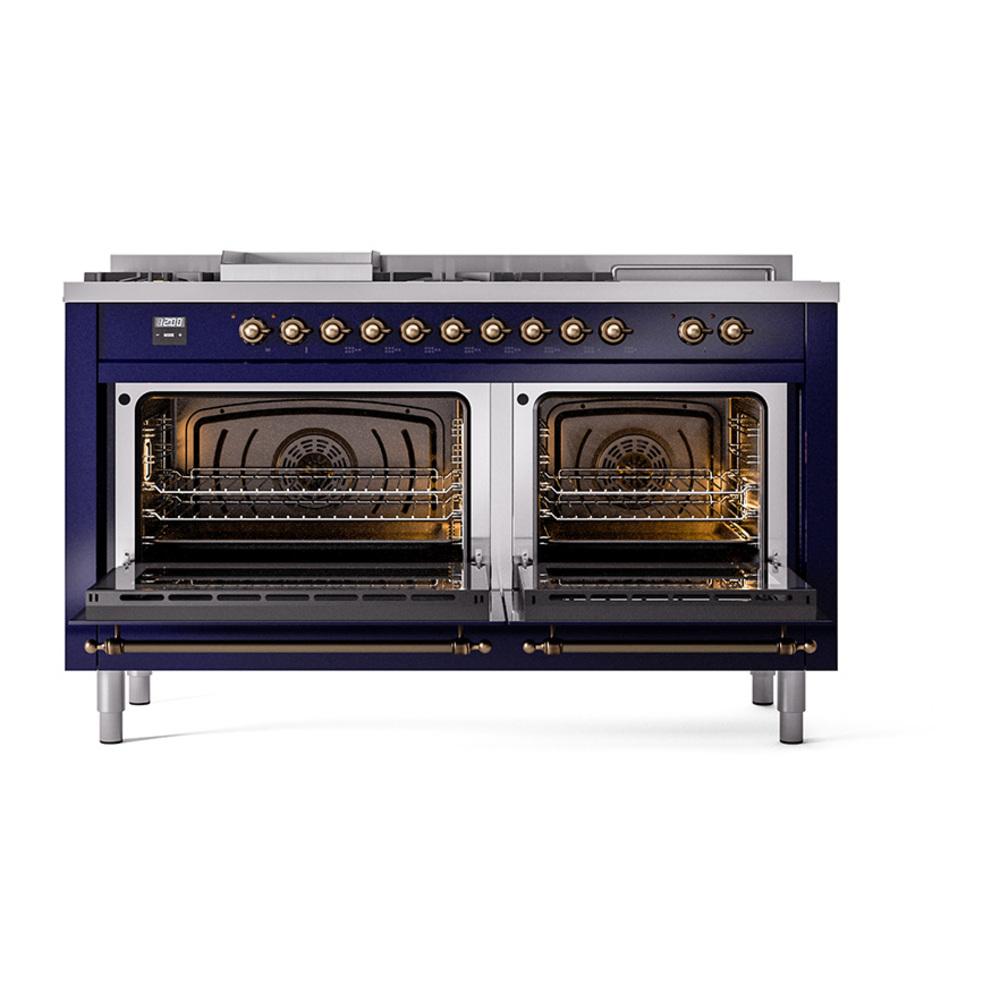 ILVE UN60FSNMPMBBLP Nostalgie II Noblesse 60 inch Dual Fuel Range (7 Sealed Burners + Griddle + French Top, Liquid Propane, Triple Glass Door, Midnight Blue, Burnished)