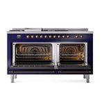 ILVE UN60FSNMPMBBLP Nostalgie II Noblesse 60 inch Dual Fuel Range (7 Sealed Burners + Griddle + French Top, Liquid Propane, Triple Glass Door, Midnight Blue, Burnished)