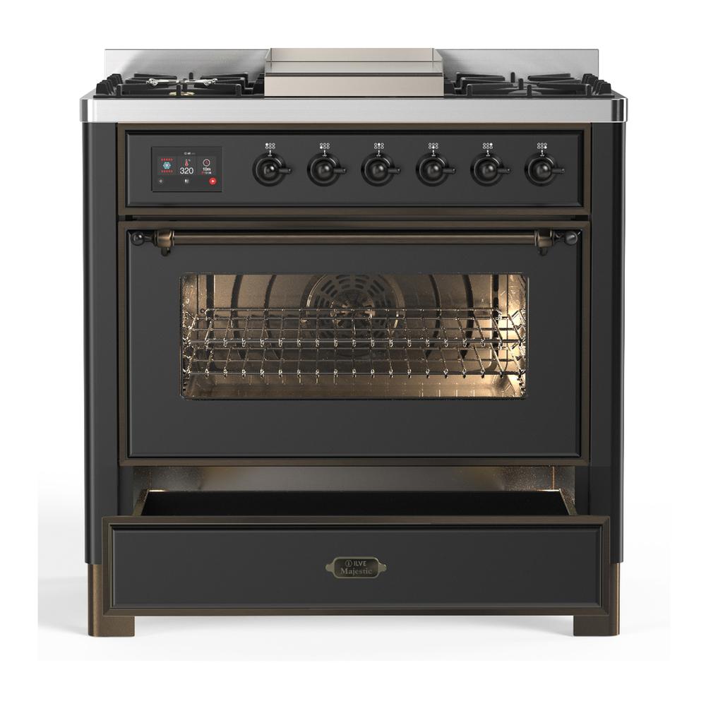 ILVE UM36FNR3MGBLP Majestic III 36 inch Dual Fuel Range with 6 Black Brass Burners and Griddle, Dual Function Burner up to 25,000 BTU (Triple Glass Door, Graphite Matte, Burnished, Liquid Propane)