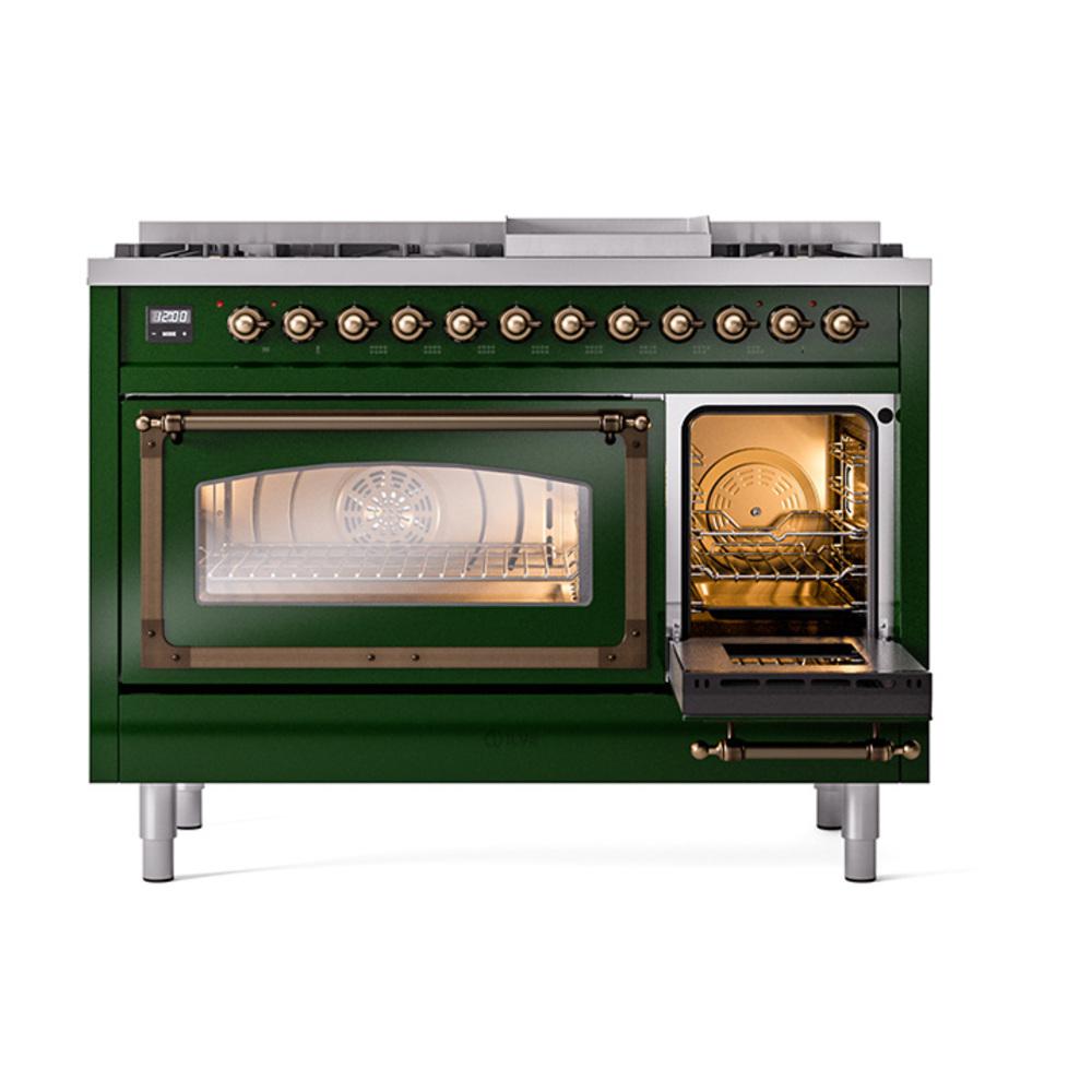 ILVE UN48FNMPEGBLP Nostalgie II Noblesse 48 inch Dual Fuel Range (8 Sealed Burners + Griddle, Liquid Propane, Triple Glass Door, Emerald Green, Burnished)