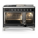 ILVE UM48FSQNR3BKC Majestic III 48 inch Dual Fuel Range with 5 Black Brass Burners, Griddle and French Top, Dual Function Burner up to 25,000 BTU (Natural Gas, Solid Door, Glossy Black, Chrome)