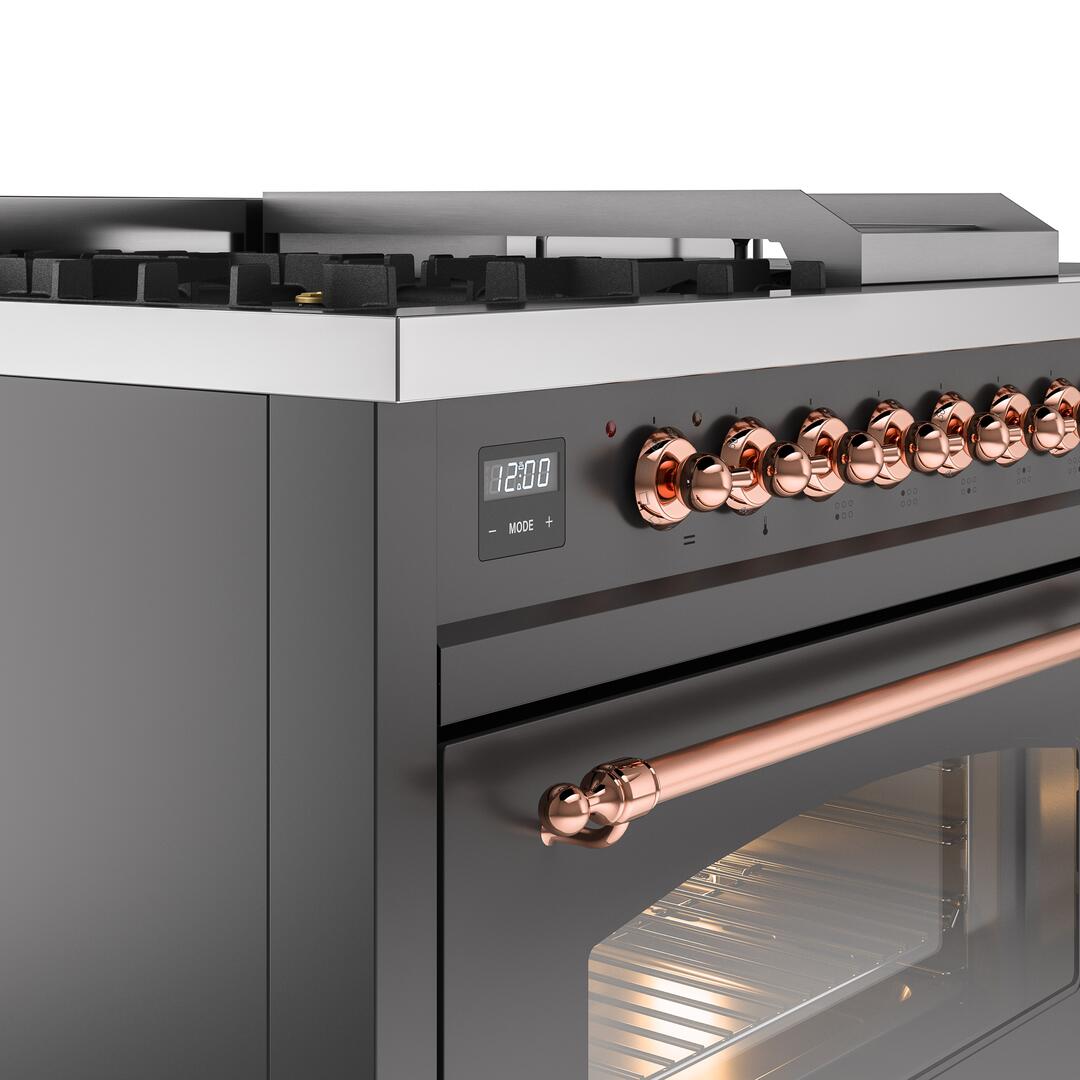Nostalgie II 48 Inch Dual Fuel Liquid Propane Freestanding Range in Matte Graphite with Copper Trim