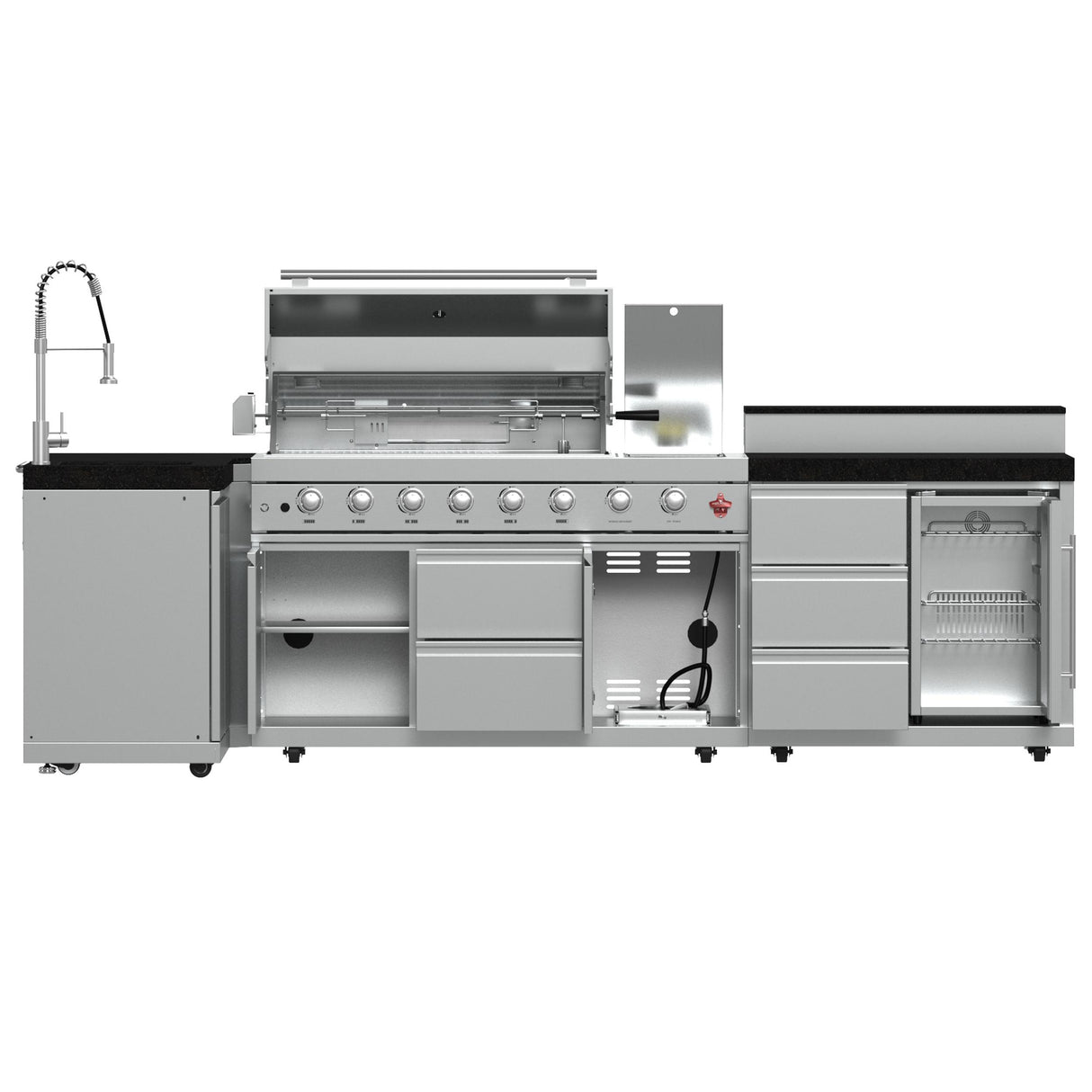 FORNO Bulnes 40-Inch BBQ, 95,000 BTU, 5 Burners, Sear & Rotisserie Infrared with Side Burner, Stainless Steel Outdoor Kitchen with 1.8 cu.ft. Beverage Center & Black Granite Countertops