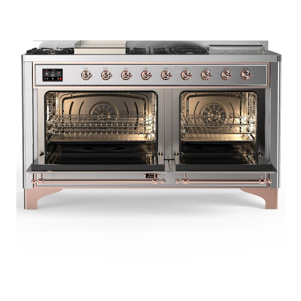 ILVE UM60FSNR3SSPLP Majestic III 60 inch Dual Fuel Range with 7 Burners, Griddle and French Top, Dual Function Burner with up to 25,000 BTU (Liquid Propane, Triple Glass Door, Stainless Steel, Copper)
