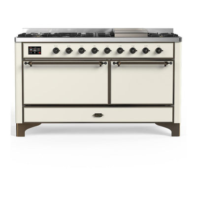 ILVE UM60FQNR3AWBLP Majestic III 60 inch Dual Fuel Range with 9 Burners and Griddle, Dual Function Burner up to 25,000 BTU (Liquid Propane, Solid Door, Antique White, Burnished)
