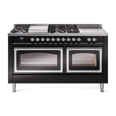 ILVE UN60FSNMPBKC Nostalgie II Noblesse 60 inch Dual Fuel Range (7 Sealed Burners + Griddle + French Top, Natural Gas, Triple Glass Door, Glossy Black, Chrome)