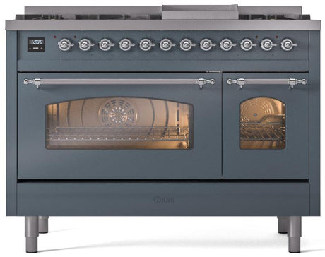 Nostalgie II 48 Inch Dual Fuel Natural Gas Freestanding Range in Blue Grey with Chrome Trim