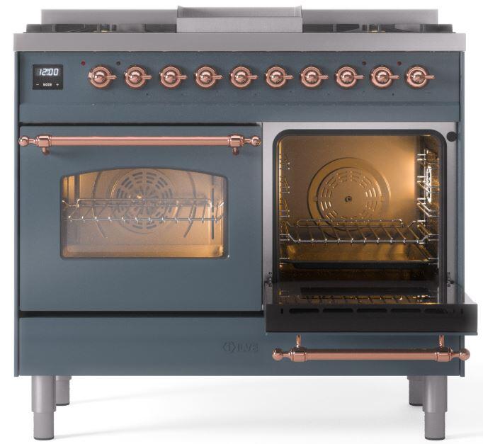 Nostalgie II 40 Inch Dual Fuel Natural Gas Freestanding Range in Blue Grey with Copper Trim