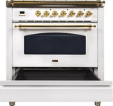 Nostalgie 36 Inch Gas Natural Gas Freestanding Range in White with Brass Trim
