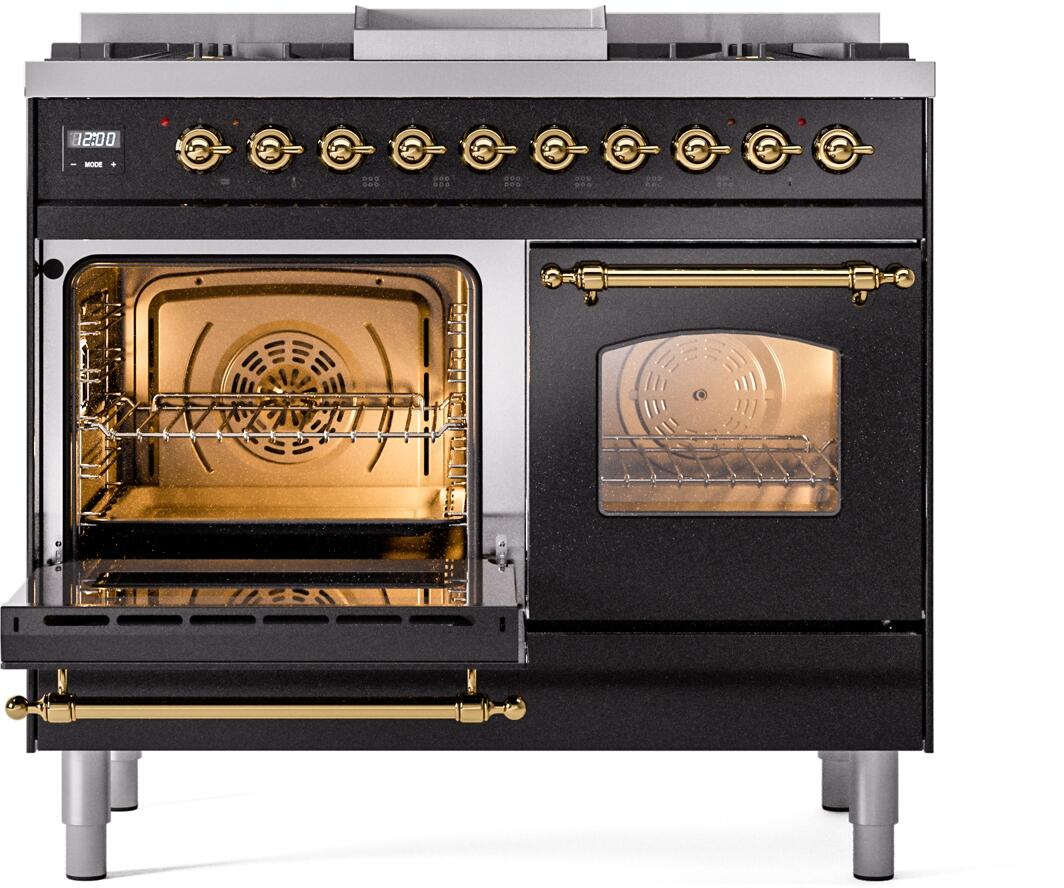 Nostalgie II 40 Inch Dual Fuel Natural Gas Freestanding Range in Glossy Black with Brass Trim