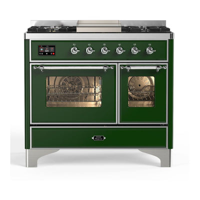 ILVE UMD40FNR3EGC Majestic III 40 inch Dual Fuel Range with 6 Burners and Griddle, Dual Function Burner up to 25,000 BTU (Natural Gas, Triple Glass Door, Emerald Green, Chrome)