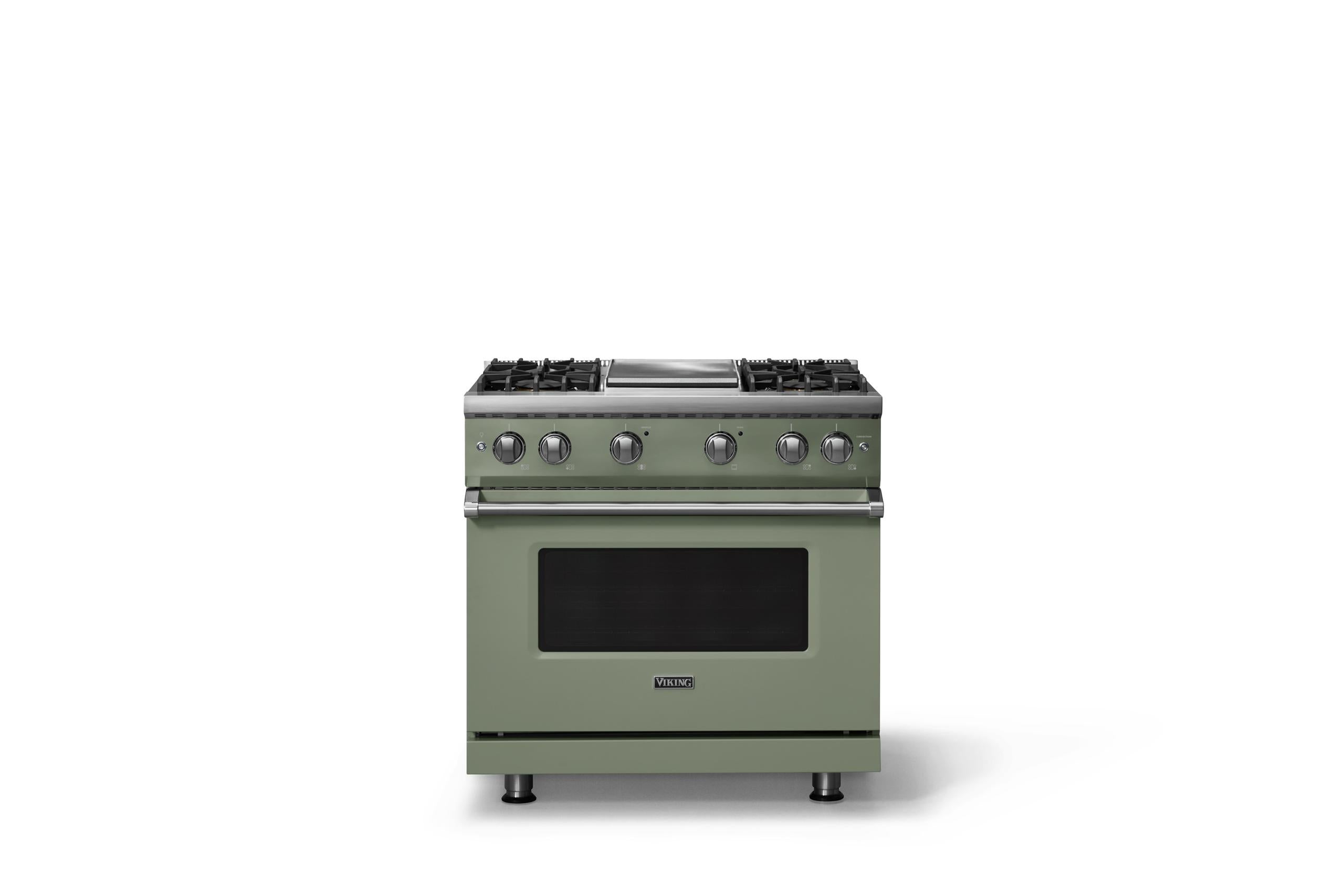 36"W. Sealed Burner Gas Range (Burner: 4g, Finish: Eucalyptus, Trim: Polished Chrome, Fuel: Natural Gas)