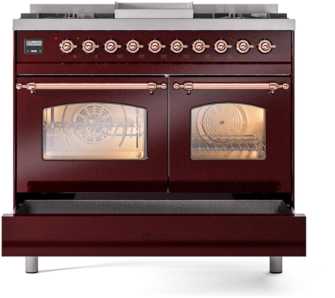 Nostalgie II 40 Inch Dual Fuel Natural Gas Freestanding Range in Burgundy with Copper Trim