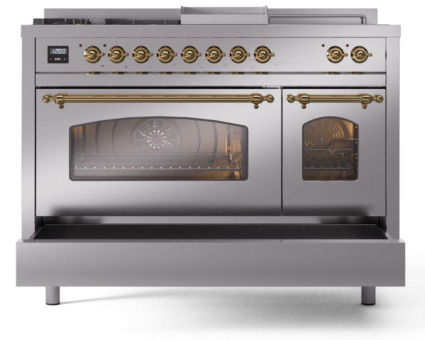 Nostalgie II 48 Inch Dual Fuel Natural Gas Freestanding Range in Stainless Steel with Brass Trim