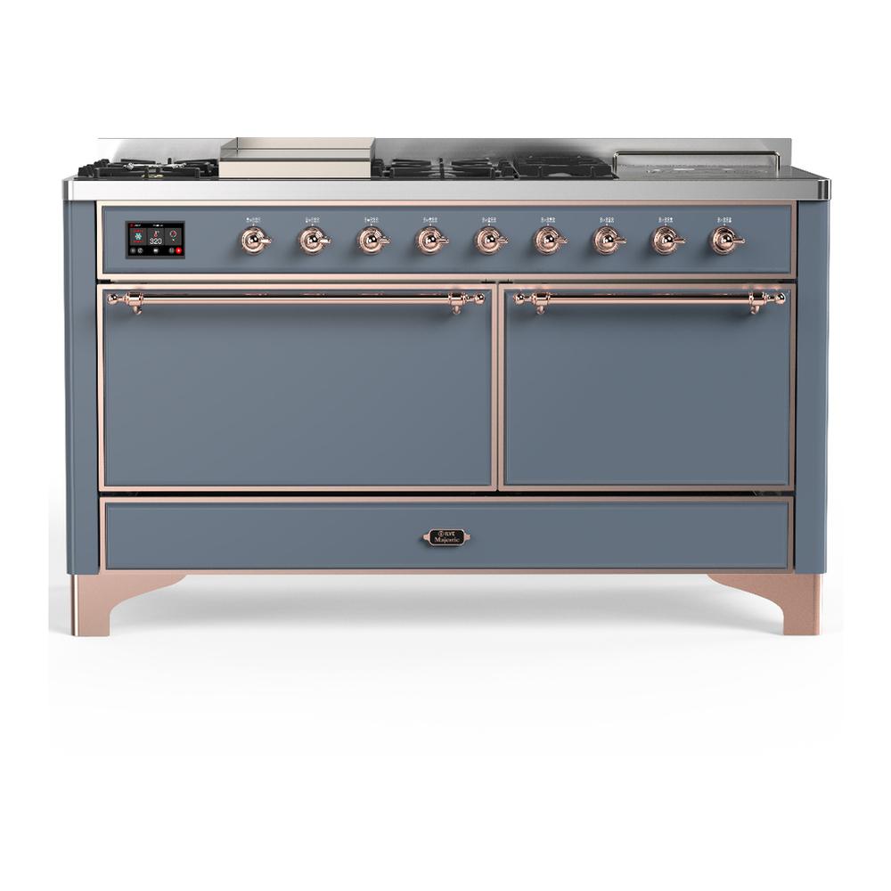 ILVE UM60FSQNR3BGP Majestic III 60 inch Dual Fuel Range with 7 Burners, Griddle and French Top, Dual Function Burner with up to 25,000 BTU (Natural Gas, Solid Door, Blue Grey, Copper)