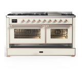 ILVE UM60FNR3AWP Majestic III 60 inch Dual Fuel Range with 9 Burners and Griddle, Dual Function Burner up to 25,000 BTU (Natural Gas, Triple Glass Door, Antique White, Copper)