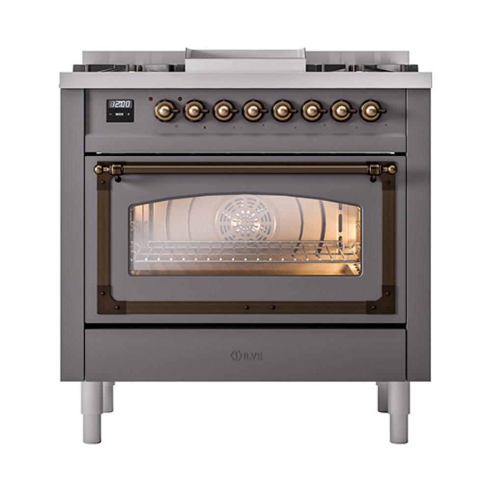 ILVE UN36FNMPMGBLP Nostalgie II Noblesse 36 inch Dual Fuel Range (Liquid Propane, Triple Glass Door, Graphite Matte, Burnished)