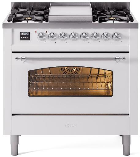 Nostalgie II 36 Inch Dual Fuel Liquid Propane Freestanding Range in White with Chrome Trim