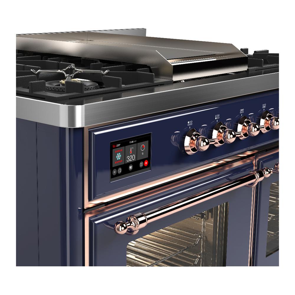 ILVE UMD40FNR3MBPLP Majestic III 40 inch Dual Fuel Range with 6 Burners and Griddle, Dual Function Burner up to 25,000 BTU (Liquid Propane, Triple Glass Door, Midnight Blue, Copper)