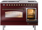 Nostalgie II 48 Inch Dual Fuel Natural Gas Freestanding Range in Burgundy with Bronze Trim