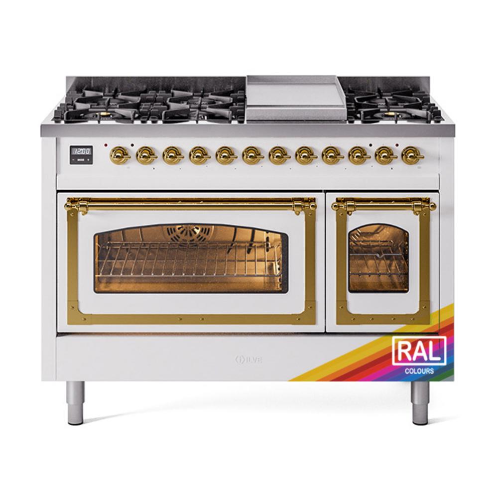 ILVE UN48FNMPRAGLP Nostalgie II Noblesse 48 inch Dual Fuel Range (8 Sealed Burners + Griddle, Liquid Propane, Triple Glass Door, RAL, Brass)