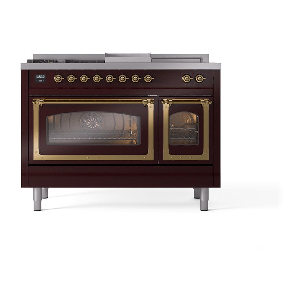 ILVE UN48FSNMPBUG Nostalgie II Noblesse 48 inch Dual Fuel Range (5 Sealed Burners + Griddle + French Top, Natural Gas, Triple Glass Door, Burgundy, Brass)