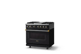 36"W. Dual Fuel Range (Burner: 4g, Finish: Onyx, Trim: Brushed Brass, Fuel: Natural Gas)