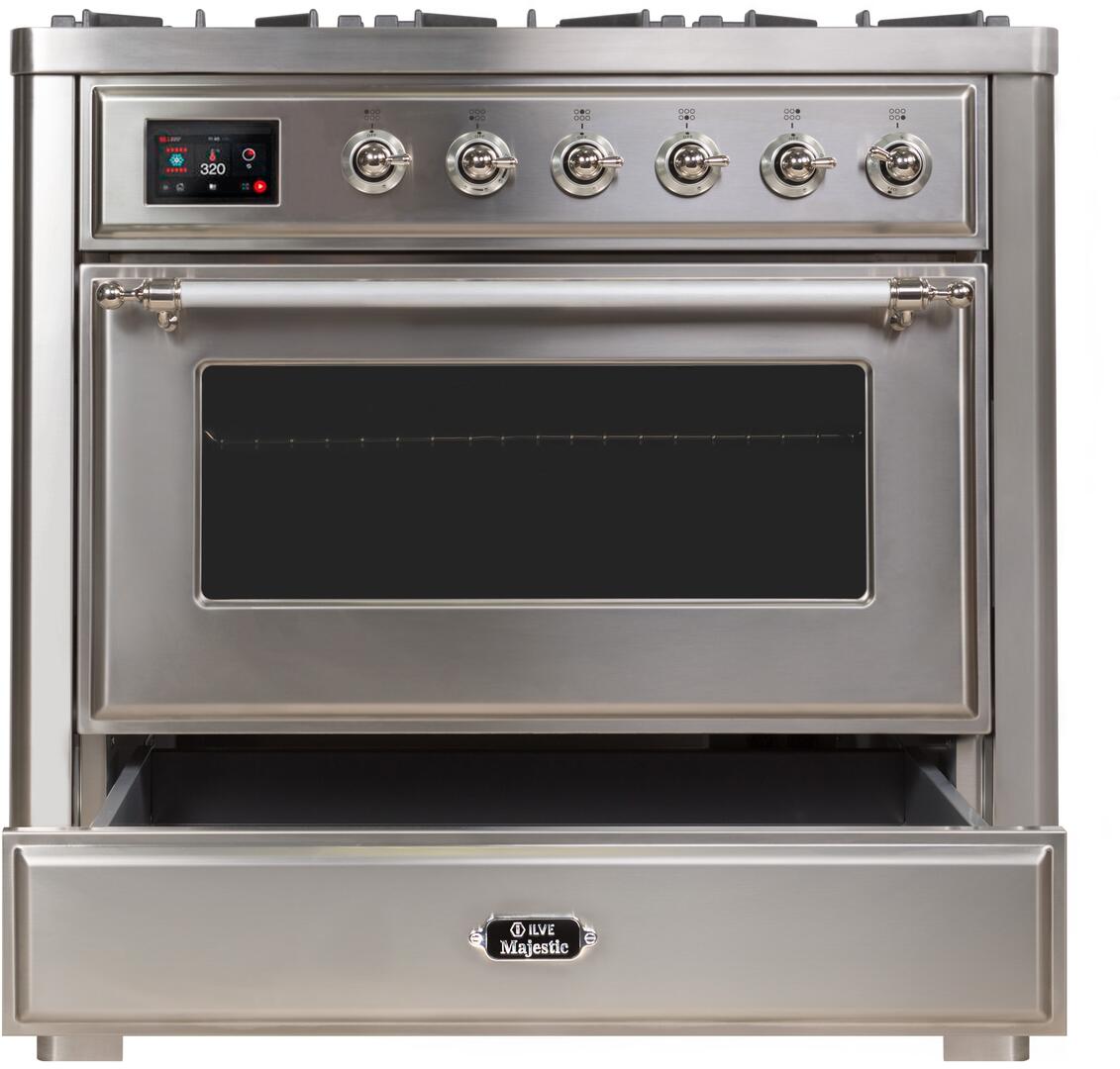 Majestic II 36 Inch Dual Fuel Natural Gas Freestanding Range in Stainless Steel with Chrome Trim