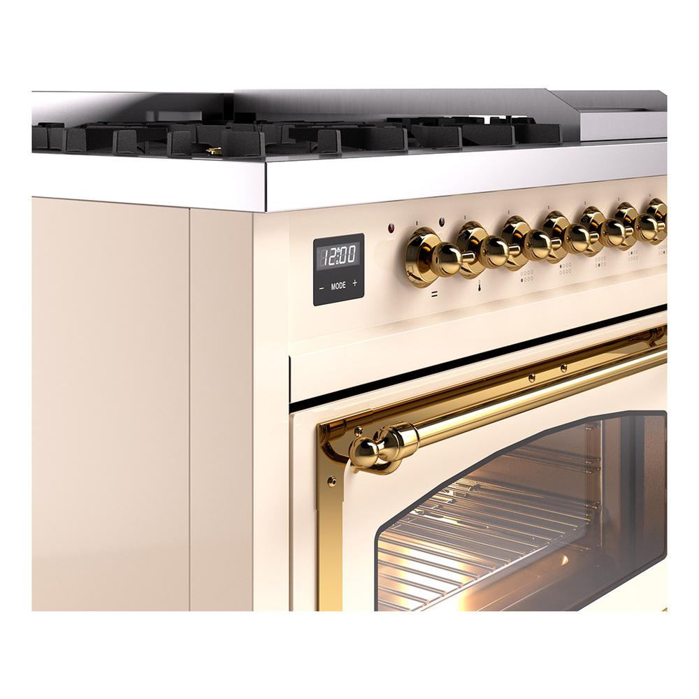 ILVE UN48FNMPAWG Nostalgie II Noblesse 48 inch Dual Fuel Range (8 Sealed Burners + Griddle, Natural Gas, Triple Glass Door, Antique White, Brass)