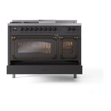 ILVE UN48FSNMPMGB Nostalgie II Noblesse 48 inch Dual Fuel Range (5 Sealed Burners + Griddle + French Top, Natural Gas, Triple Glass Door, Graphite Matte, Burnished)
