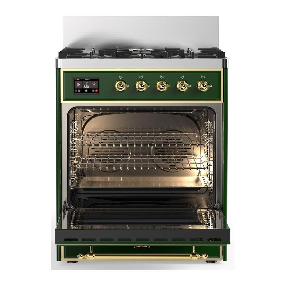 ILVE UM30NR3EGGLP Majestic III 30 inch Dual Fuel Range with 5 Black Brass Burners, Dual Function Burner up to 25,000 BTU (Liquid Propane, Triple Glass Door, Emerald Green, Brass)