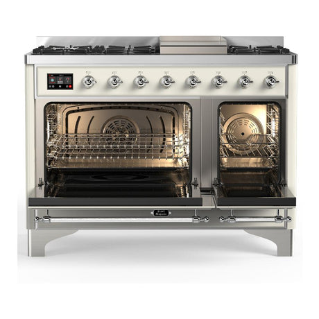 ILVE UM48FQNR3AWCLP Majestic III 48 inch Dual Fuel Range with 8 Burners and Griddle, Dual Function Burner up to 25,000 BTU (Liquid Propane, Solid Door, Antique White, Chrome)