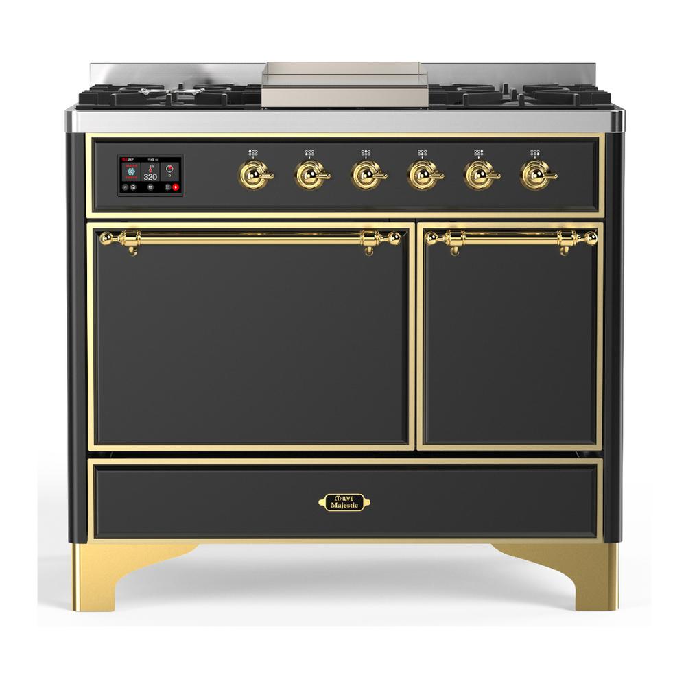 ILVE UMD40FQNR3MGGLP Majestic III 40 inch Dual Fuel Range with 6 Burners and Griddle, Dual Function Burner up to 25,000 BTU (Liquid Propane, Solid Door, Graphite Matte, Brass)