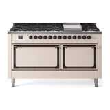 ILVE UN60FQNMPAWBLP Nostalgie II Noblesse 60 inch Dual Fuel Range (9 Sealed Burners + Griddle, Liquid Propane, Solid Door, Antique White, Burnished)