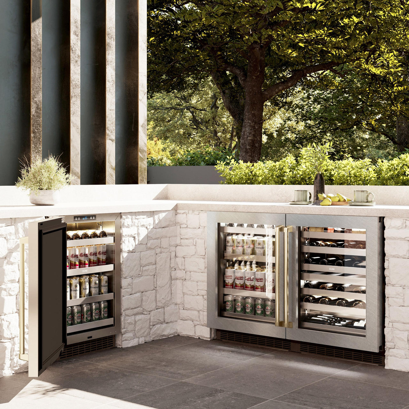 ZLINE Autograph Edition 24 in. Touchstone Dual Zone 44 Bottle Wine Cooler With DuraSnow' Stainless Steel Glass Door And Champagne Bronze Handle (RWDOZ-SN-24-CB)