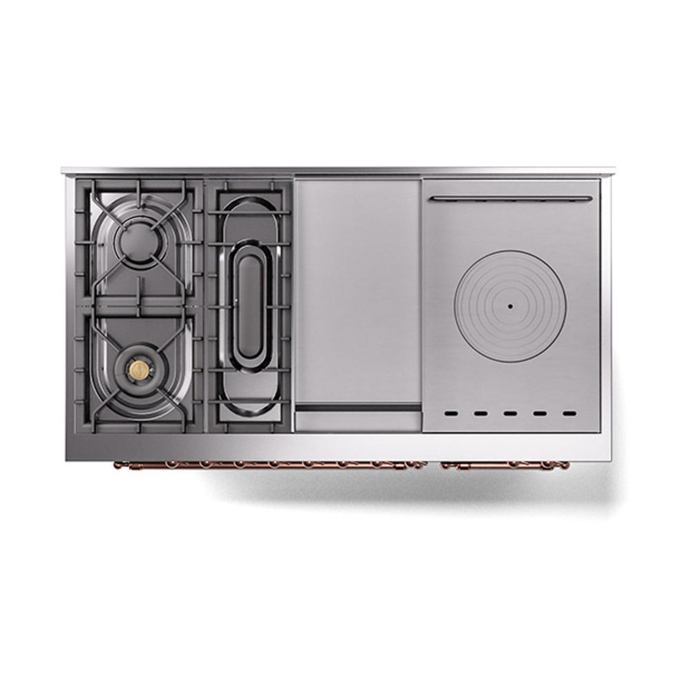 ILVE UN48FSNMPBUPLP Nostalgie II Noblesse 48 inch Dual Fuel Range (5 Sealed Burners + Griddle + French Top, Liquid Propane, Triple Glass Door, Burgundy, Copper)