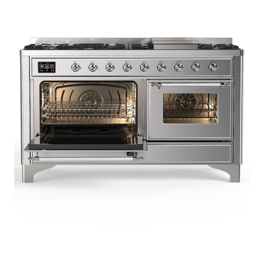 ILVE UM60FNR3SSC Majestic III 60 inch Dual Fuel Range with 9 Burners and Griddle, Dual Function Burner up to 25,000 BTU (Natural Gas, Triple Glass Door, Stainless Steel, Chrome)
