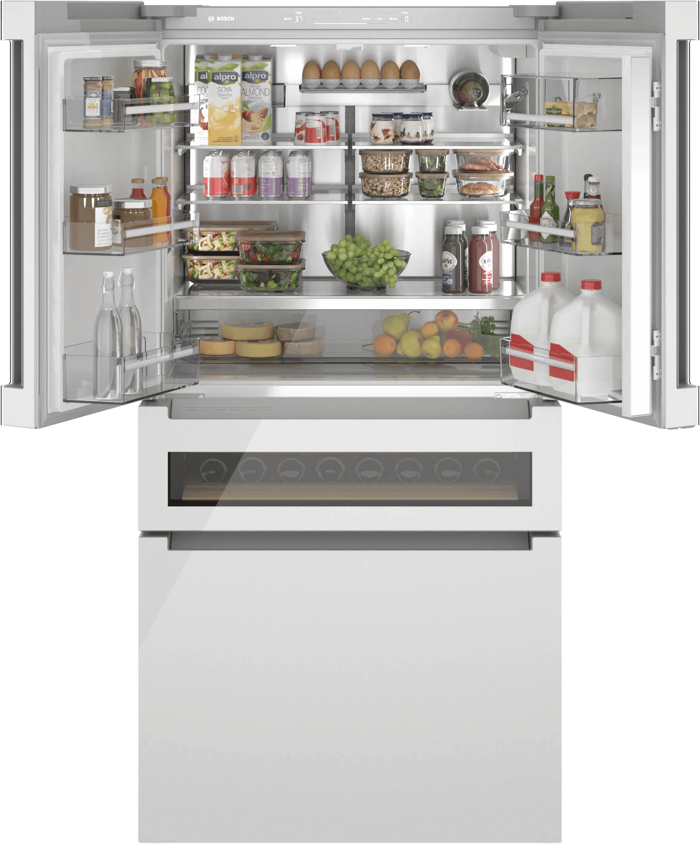 800 Series French Door Bottom Mount Refrigerator, Glass door 36" White, Total No Frost