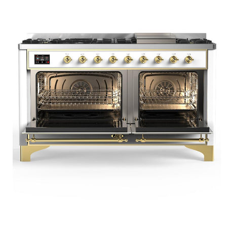 ILVE UM60FQNR3WHG Majestic III 60 inch Dual Fuel Range with 9 Burners and Griddle, Dual Function Burner up to 25,000 BTU (Natural Gas, Solid Door, White, Brass)