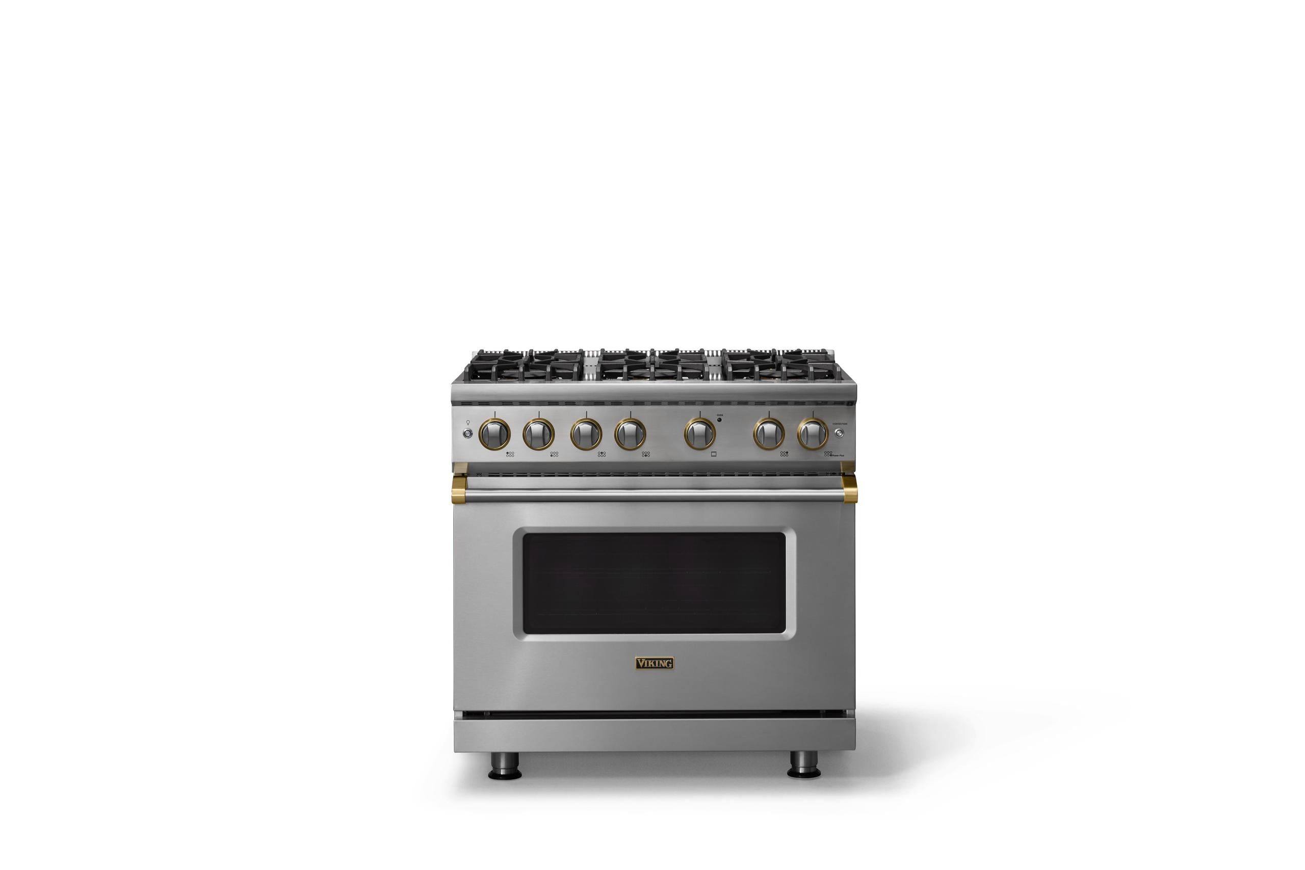 36"W. Sealed Burner Gas Range (Burner: 6b, Finish: Stainless Steel, Trim: Brushed Brass, Fuel: Propane)