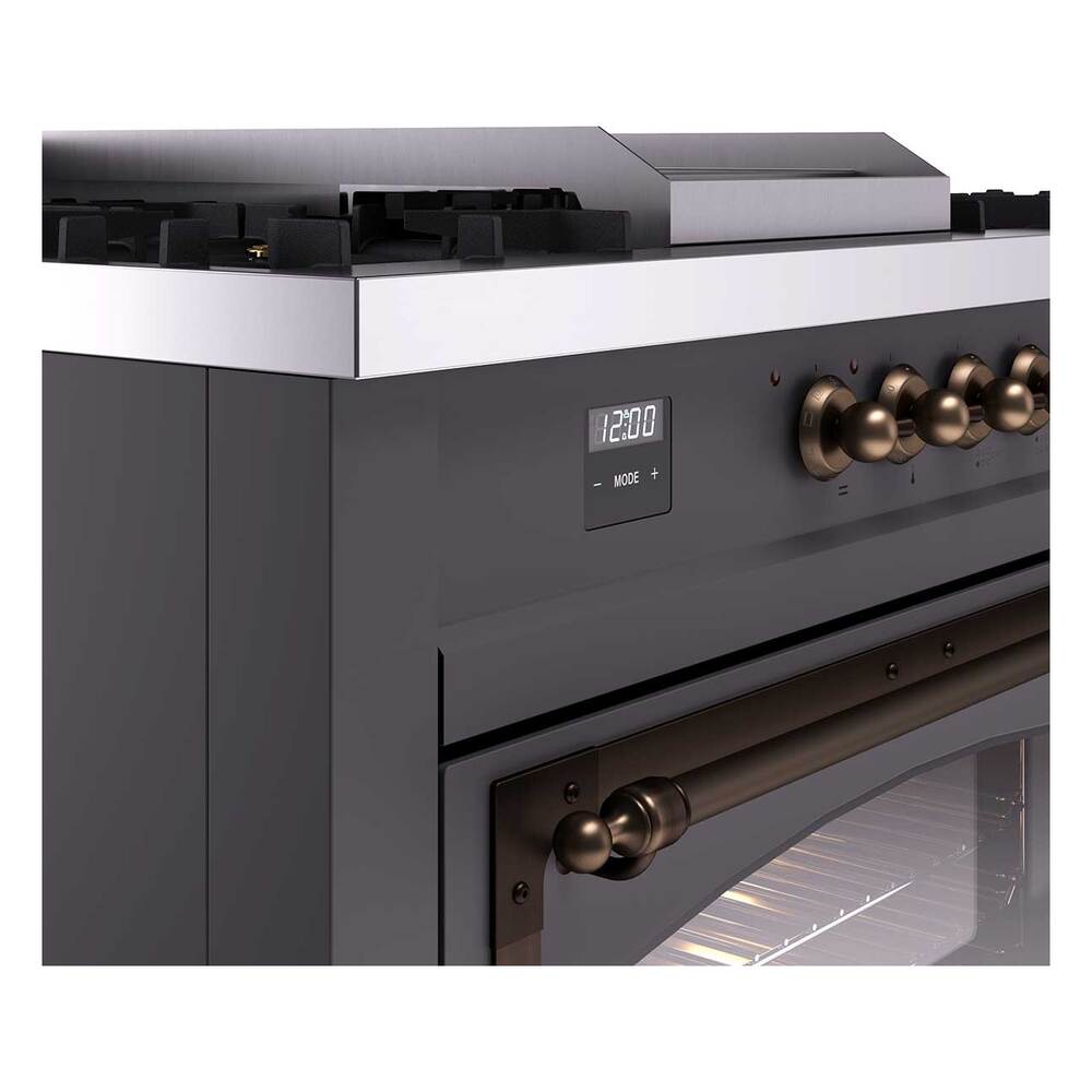 ILVE UN60FSNMPMGBLP Nostalgie II Noblesse 60 inch Dual Fuel Range (7 Sealed Burners + Griddle + French Top, Liquid Propane, Triple Glass Door, Graphite Matte, Burnished)