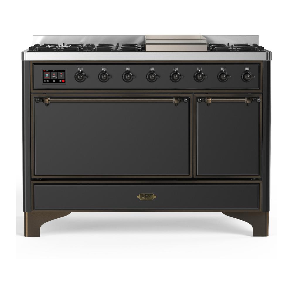 ILVE UM48FQNR3MGBLP Majestic III 48 inch Dual Fuel Range with 8 Burners and Griddle, Dual Function Burner up to 25,000 BTU (Liquid Propane, Solid Door, Graphite Matte, Burnished)