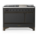 ILVE UM48FQNR3MGBLP Majestic III 48 inch Dual Fuel Range with 8 Burners and Griddle, Dual Function Burner up to 25,000 BTU (Liquid Propane, Solid Door, Graphite Matte, Burnished)