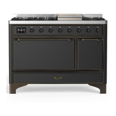 ILVE UM48FQNR3MGBLP Majestic III 48 inch Dual Fuel Range with 8 Burners and Griddle, Dual Function Burner up to 25,000 BTU (Liquid Propane, Solid Door, Graphite Matte, Burnished)