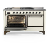 ILVE UM60FSQNR3AWB Majestic III 60 inch Dual Fuel Range with 7 Burners, Griddle and French Top, Dual Function Burner with up to 25,000 BTU (Natural Gas, Solid Door, Antique White, Burnished)