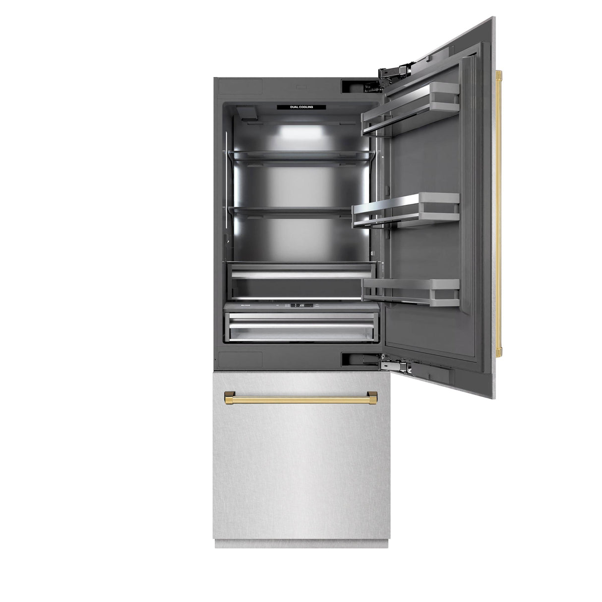 ZLINE Autograph Edition 30 in. 16.1 cu. ft. Built-In Bottom Freezer Refrigerator with Water Dispenser and Ice Maker in DuraSnow' Stainless Steel with Graphite Gray Interior and Polished Gold Accents (GRBIVZ-SN-30-G)