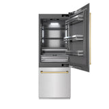ZLINE Autograph Edition 30 in. 16.1 cu. ft. Built-In Bottom Freezer Refrigerator with Water Dispenser and Ice Maker in DuraSnow' Stainless Steel with Graphite Gray Interior and Polished Gold Accents (GRBIVZ-SN-30-G)