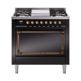 ILVE UN36FQNMPBKB Nostalgie II Noblesse 36 inch Dual Fuel Range (Natural Gas, Solid Door, Glossy Black, Burnished)