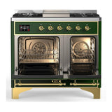 ILVE UMD40FNR3EGGLP Majestic III 40 inch Dual Fuel Range with 6 Burners and Griddle, Dual Function Burner up to 25,000 BTU (Liquid Propane, Triple Glass Door, Emerald Green, Brass)